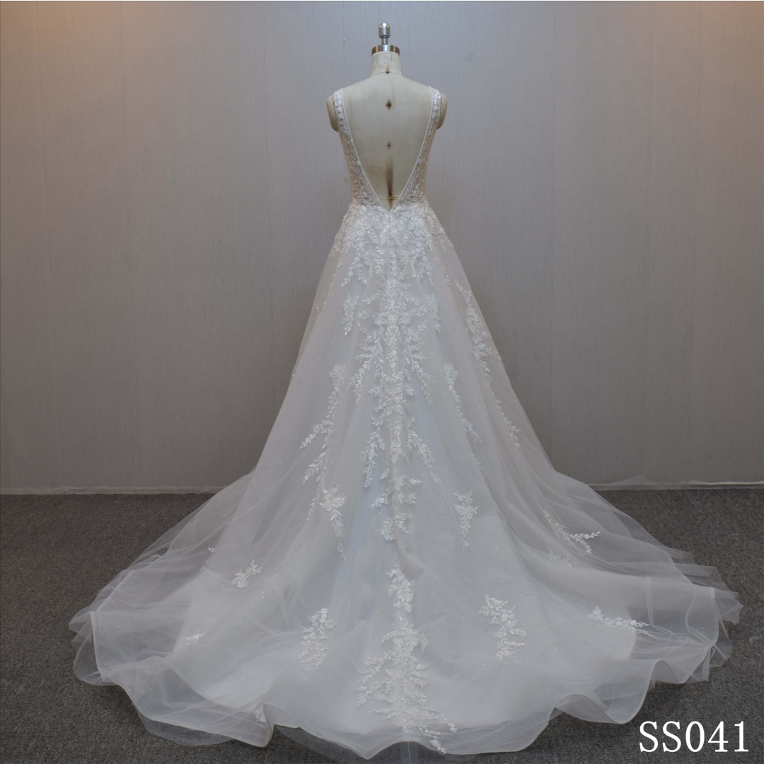 Guangzhou wedding dress lace with beading V back bridal dress