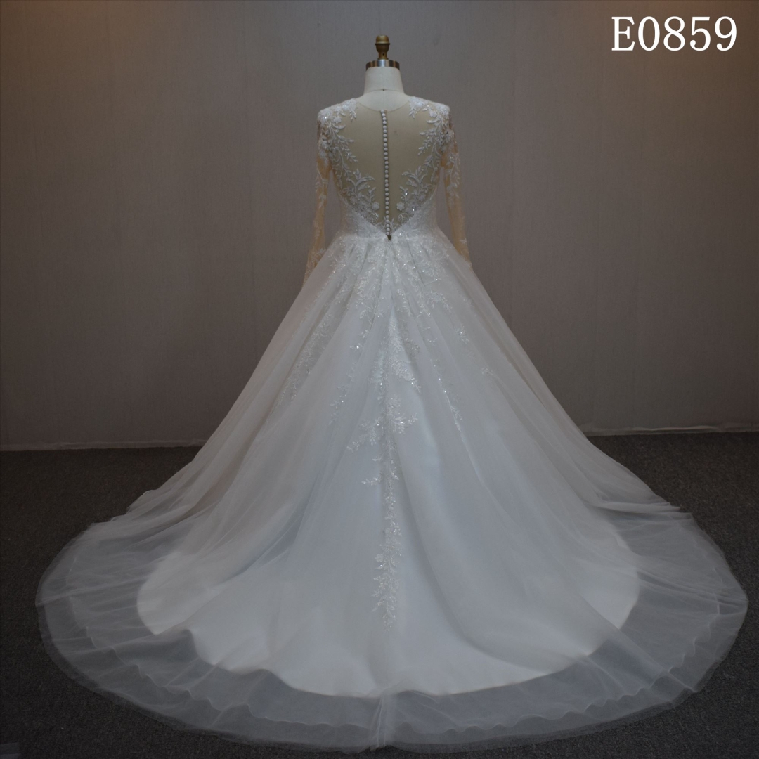 Lastest design A-line bridal dress guangzhou factory made Lace sequins bridal dress