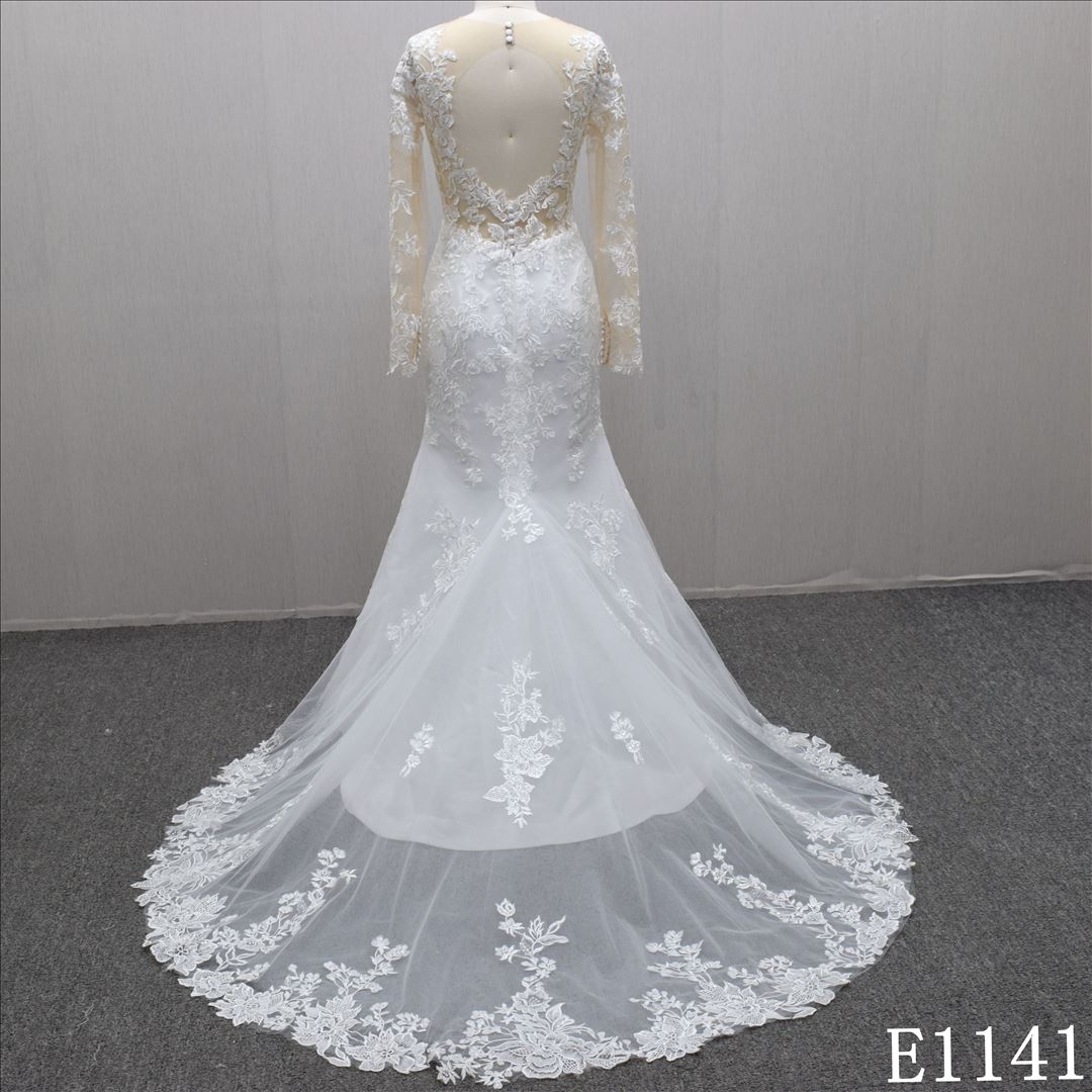 Gorgeous Mermaid scoop neck bridal dress Chinese factory sell  flower lace wedding dress