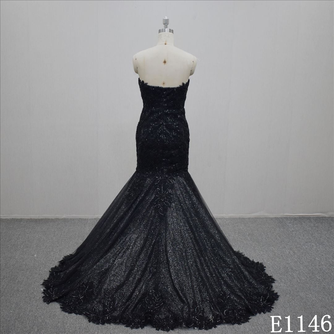 Romantic Trumpet sweetheart neck bridal dress  high quality sparkle black wedding dress