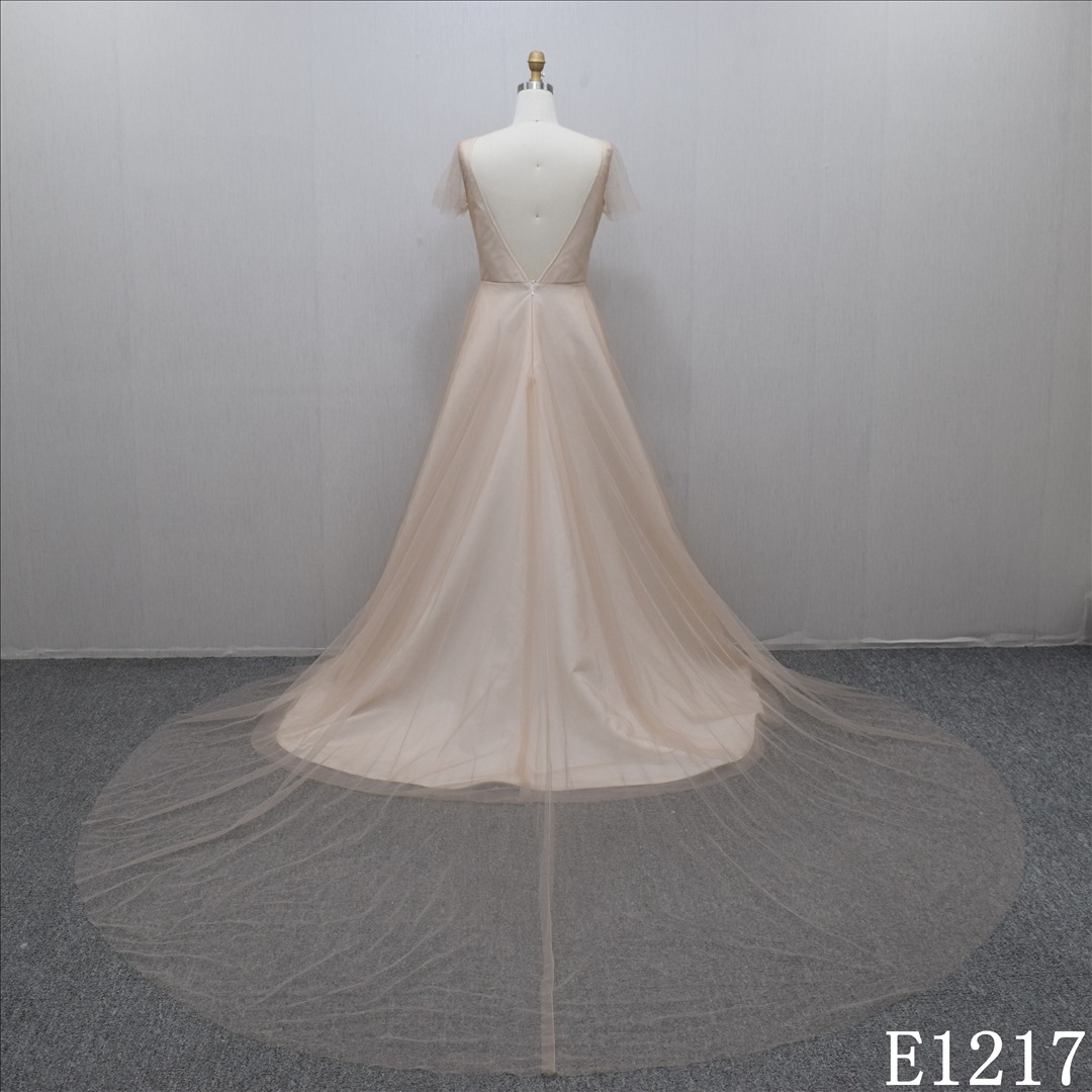 2023  Factory Outlet   Gentle A-line V-neck skin color short sleeve wedding dress