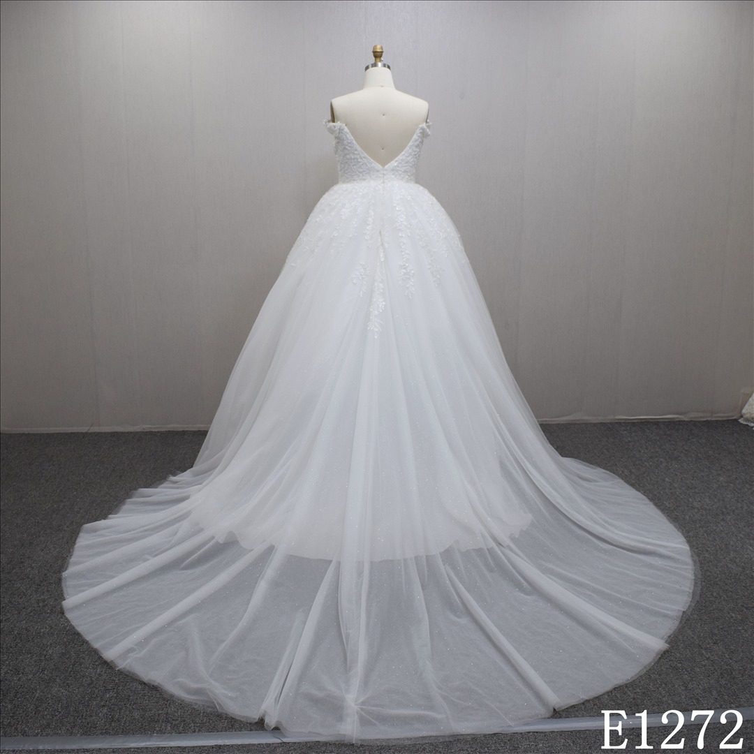 Exquisite Ballgown off shoulder lace appliqued with long train wedding dress