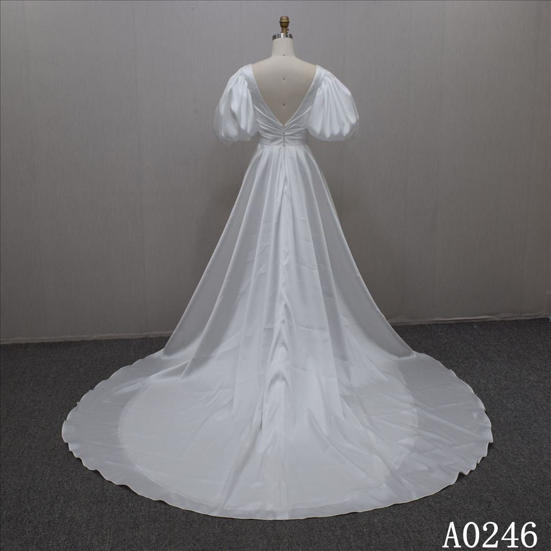 Simple and elegant satin V-neck wedding dress