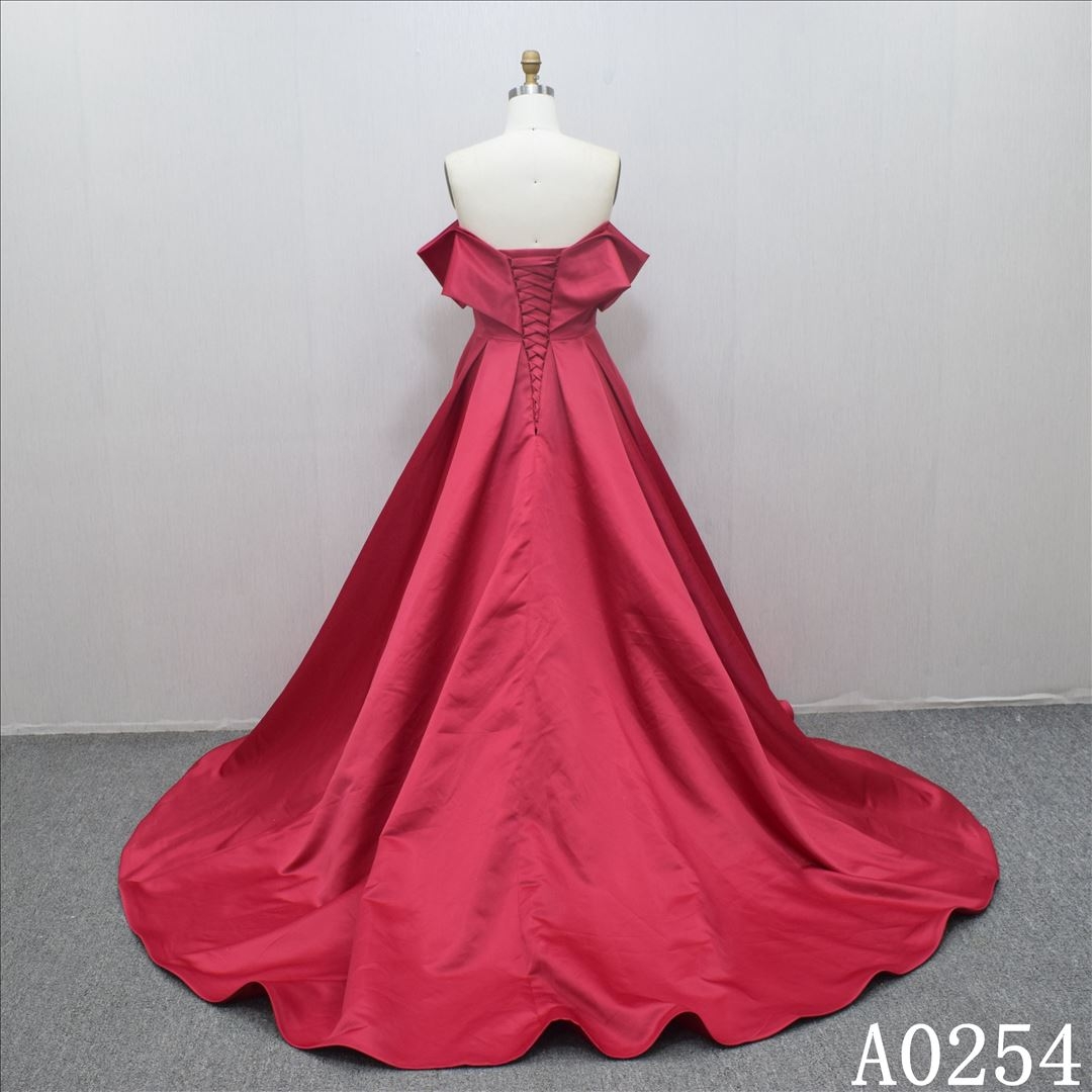 Simple Satin Red bridal gown off shoulder V neckline wedding dress