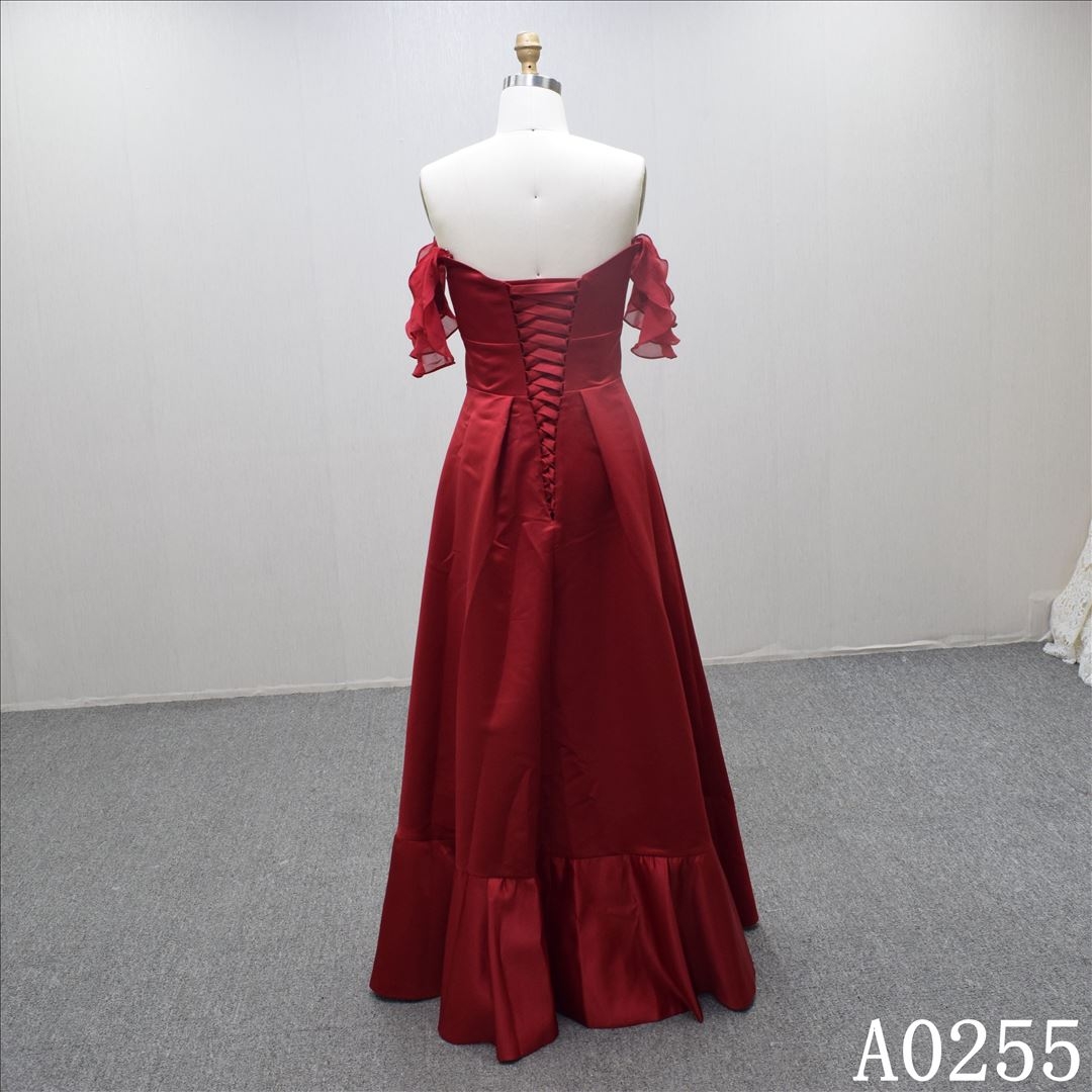 Red simple satin bridal dress boat neckline off shoulder foor length wedding dress
