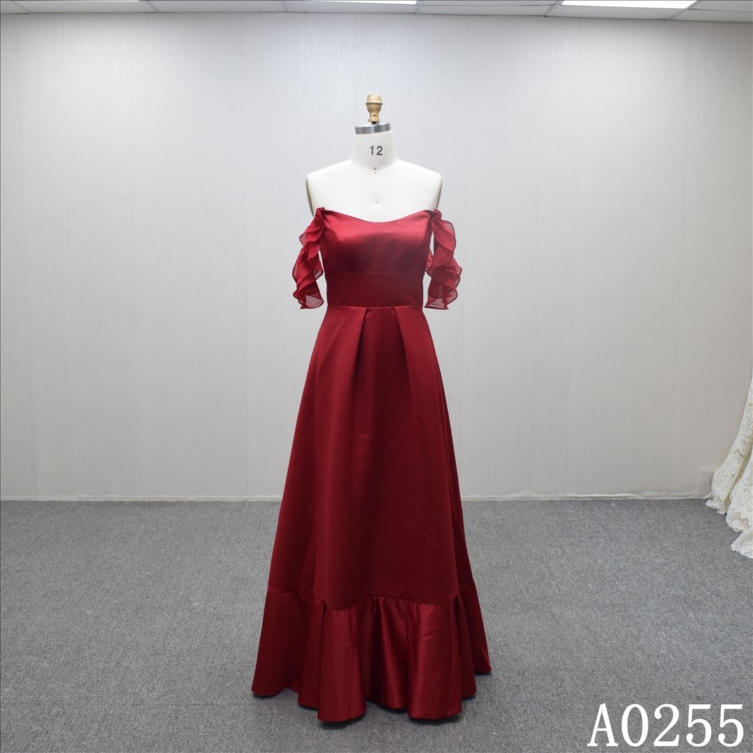 Red simple satin bridal dress boat neckline off shoulder foor length wedding dress