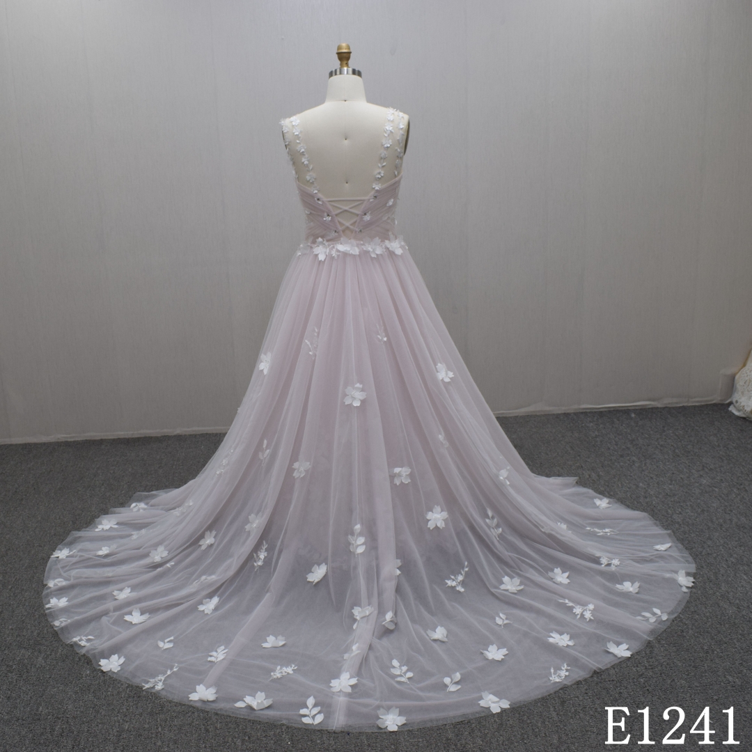 Pink Pleat Spaghetti strap lace flowers wedding dress Guang Zhou Made