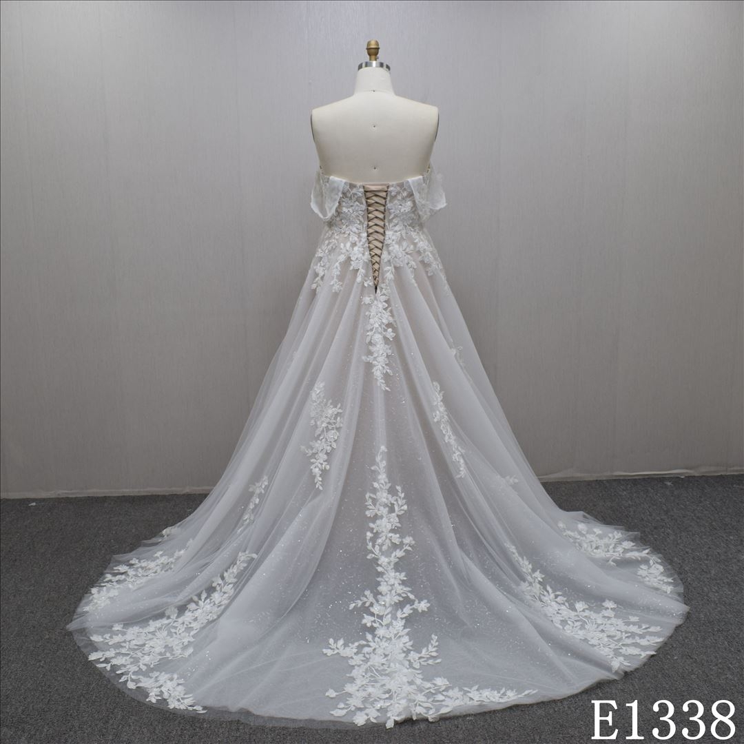 Summer Graceful Sweetheart Lace Flower Glitter Tulle Wedding Dress