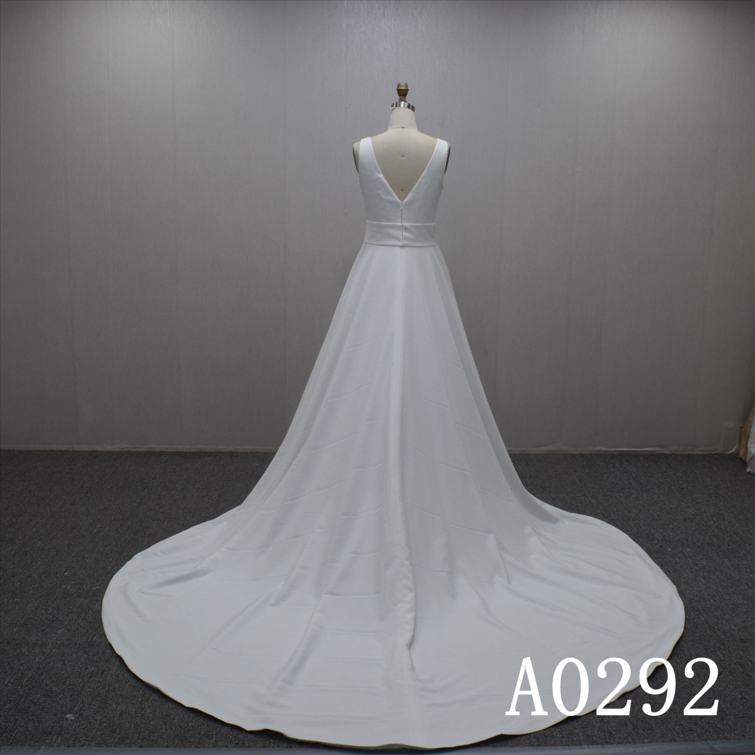 Simple Mild V Neck  Backless Taffeta Hand Made Wedding Dress