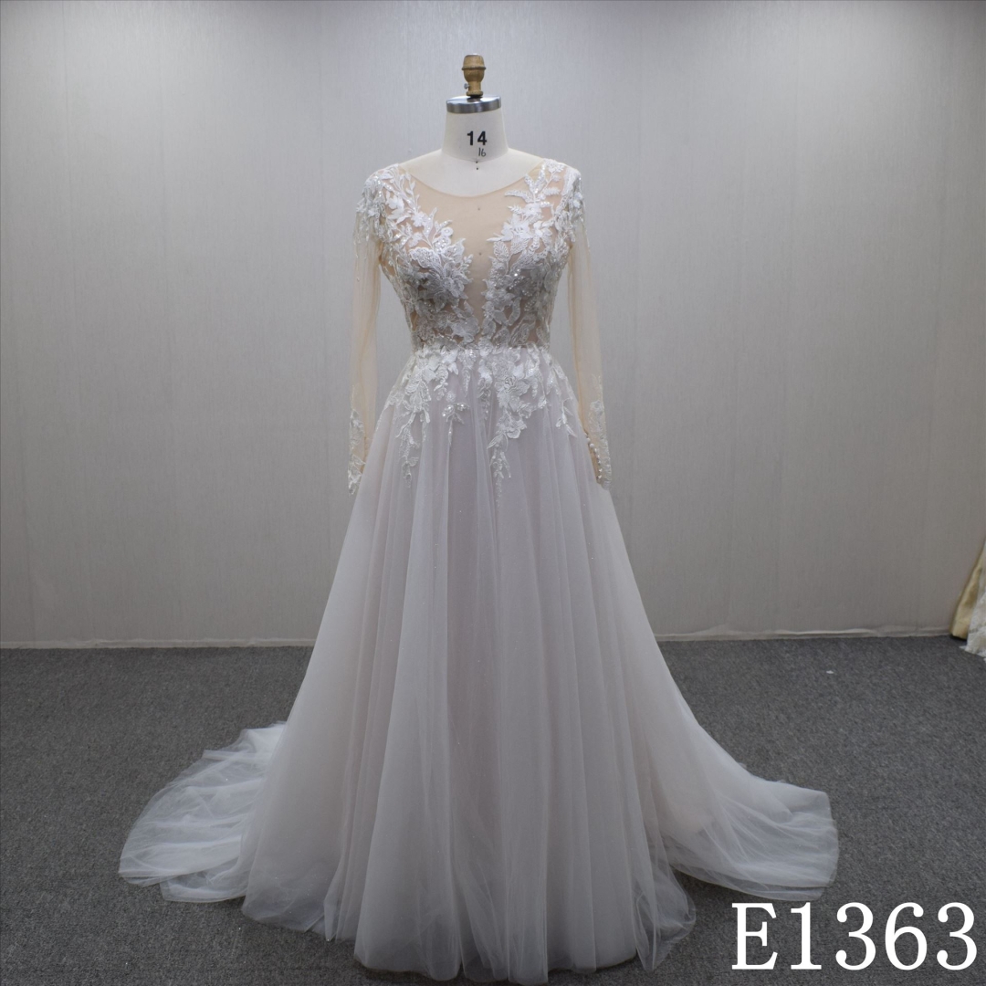 Elegance Long Sleeves Illusion Lace Flower Tulle Hand Made  Bridal Dress