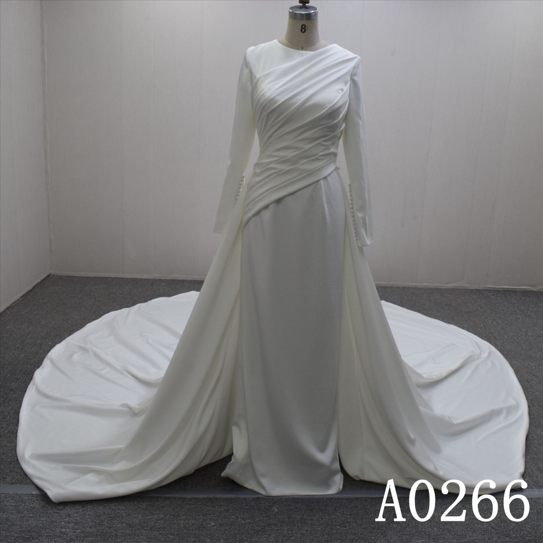 Elegant Long Sleeves Satin Sheath With A Big Train Hand Made  Bridal Dress