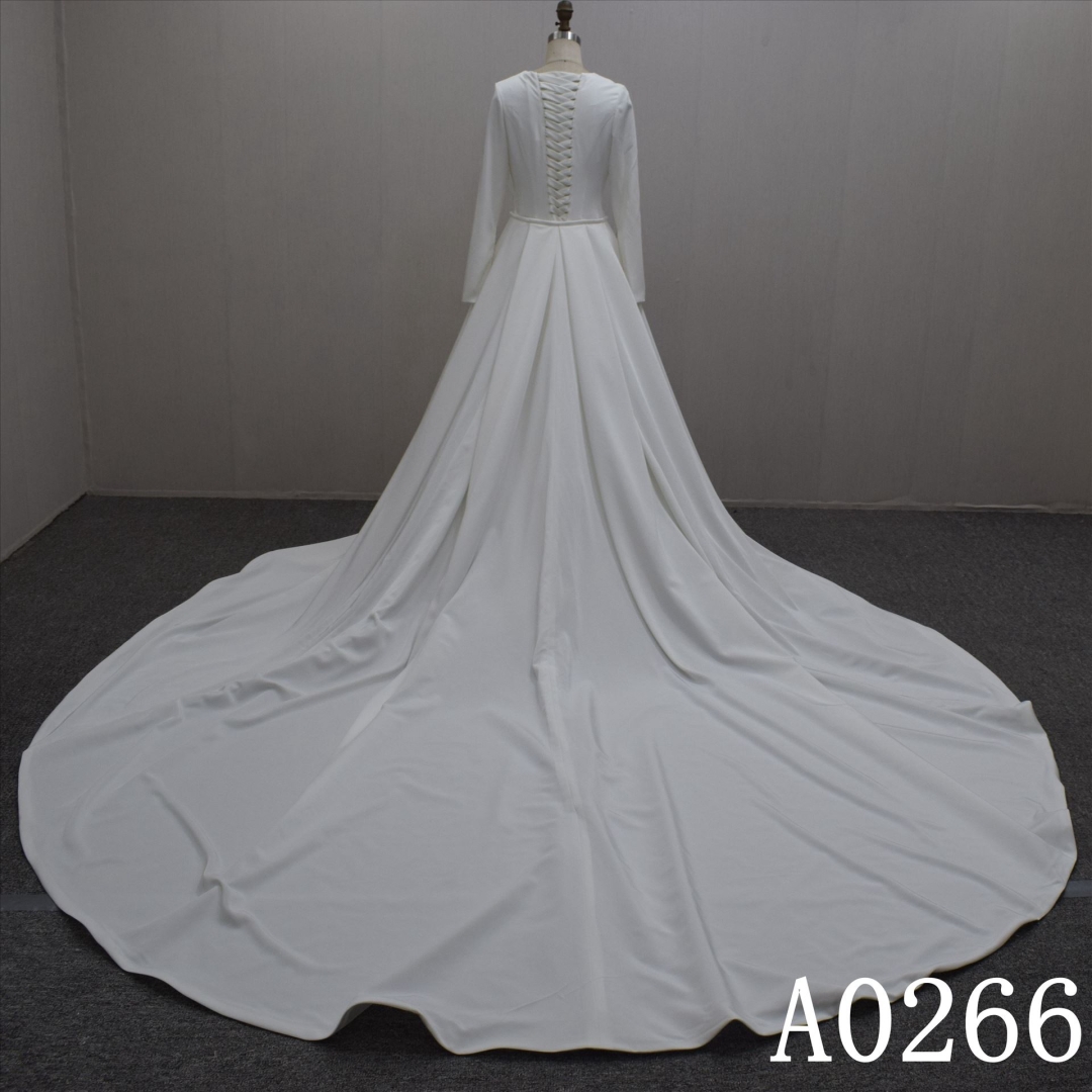 Elegant Long Sleeves Satin Sheath With A Big Train Hand Made  Bridal Dress