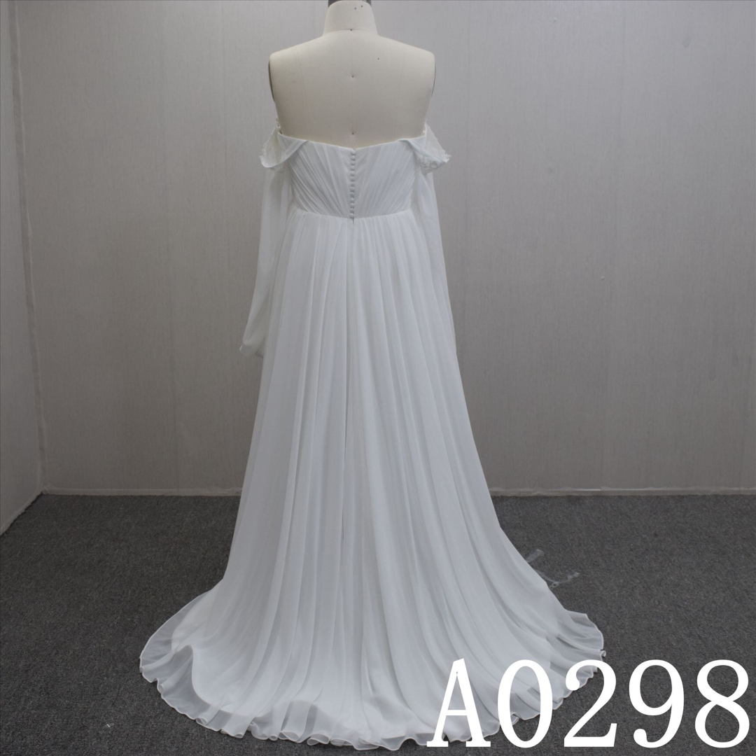 High Quality Simple Off shoulder Chiffon With Lace Flower  Hand Made  Bridal Dress