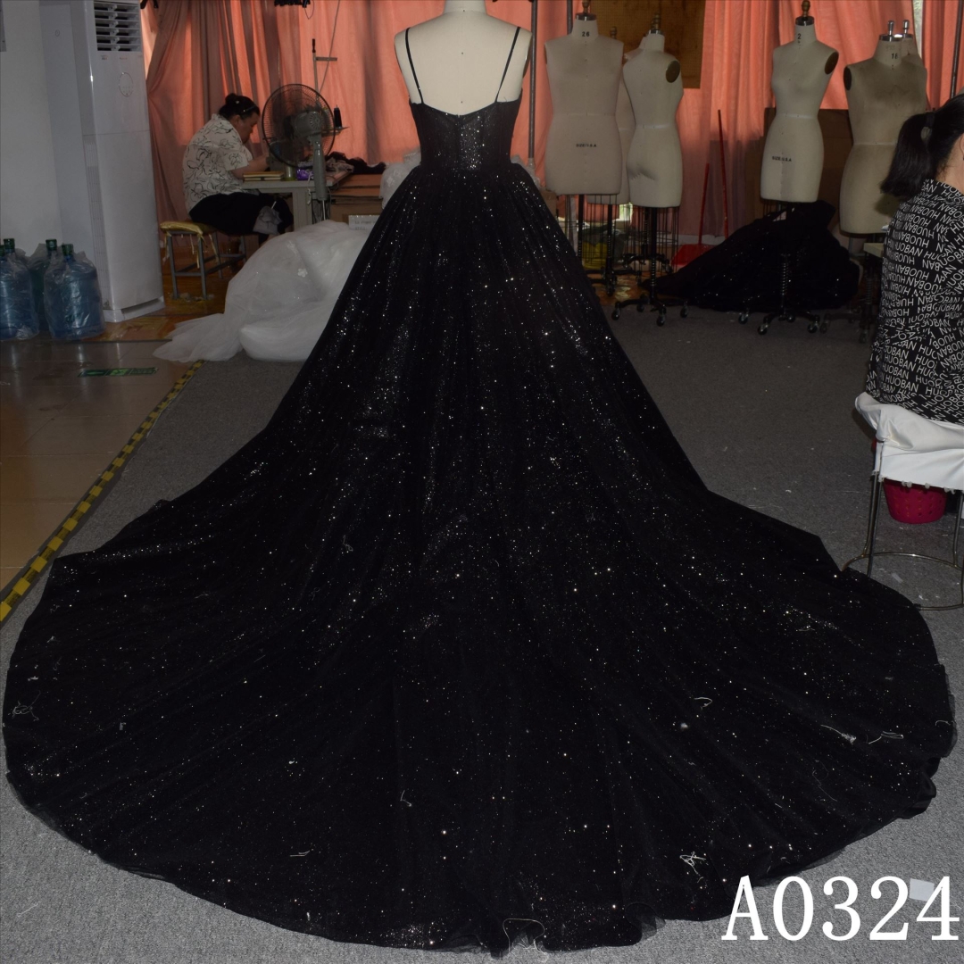 Black Sparkly Spaghetti straps Tulle Ball Gown Hand Made  Bridal Dress