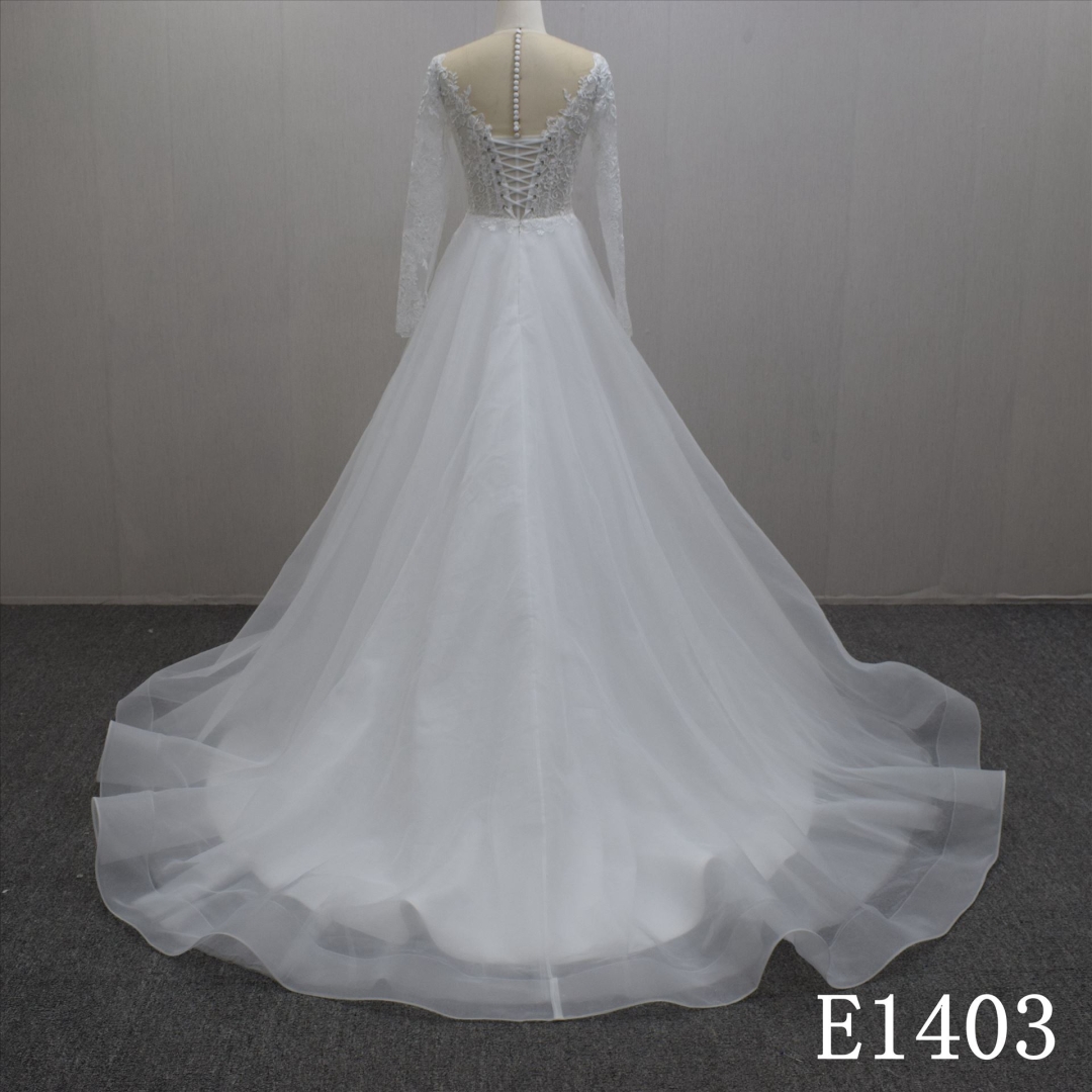 Autumn Graceful Long Sleeves Illusion Lace Flower Hand Made  Bridal Dress