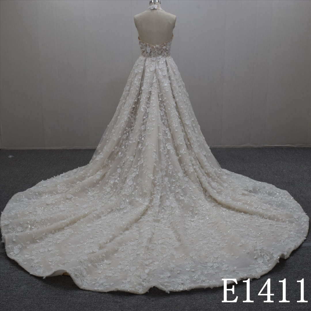 Summer Romantic Halter Strap A-line Lace Flower Hand Made  Bridal Dress