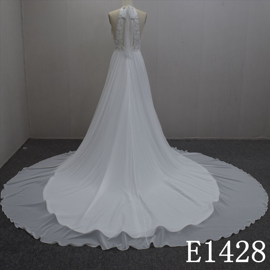 Summer Exquisite Halter Strap With Lace Flower Chiffon Hand Made Bridal Dress
