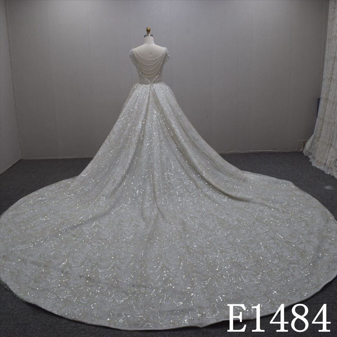 Gorgeous Illusion Short Sleeves Ball Gown Lace Hand Made Bridal Dress