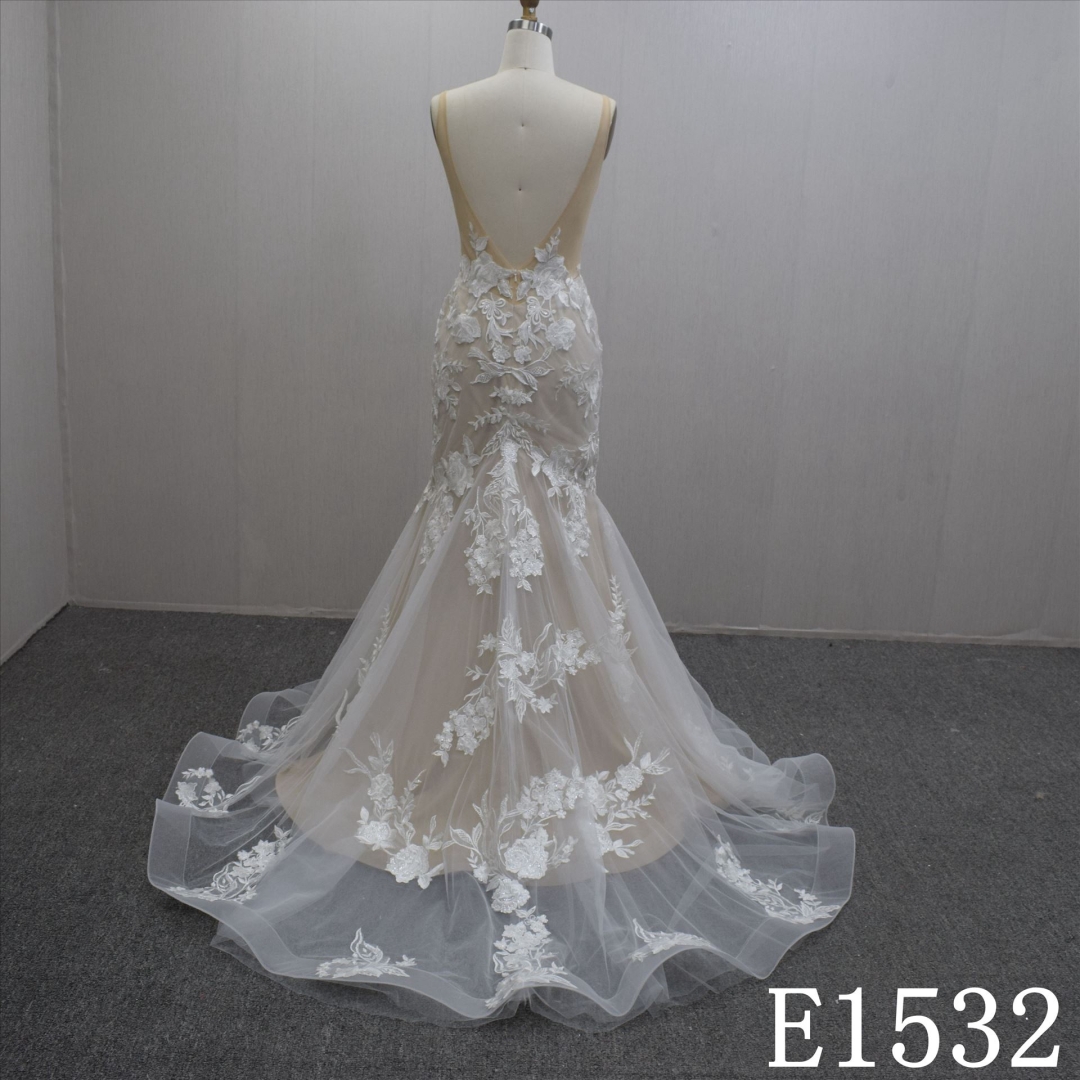 Sexy Backless Illusion Mermaid Lace Flower Tulle Hand Made Bridal Dress