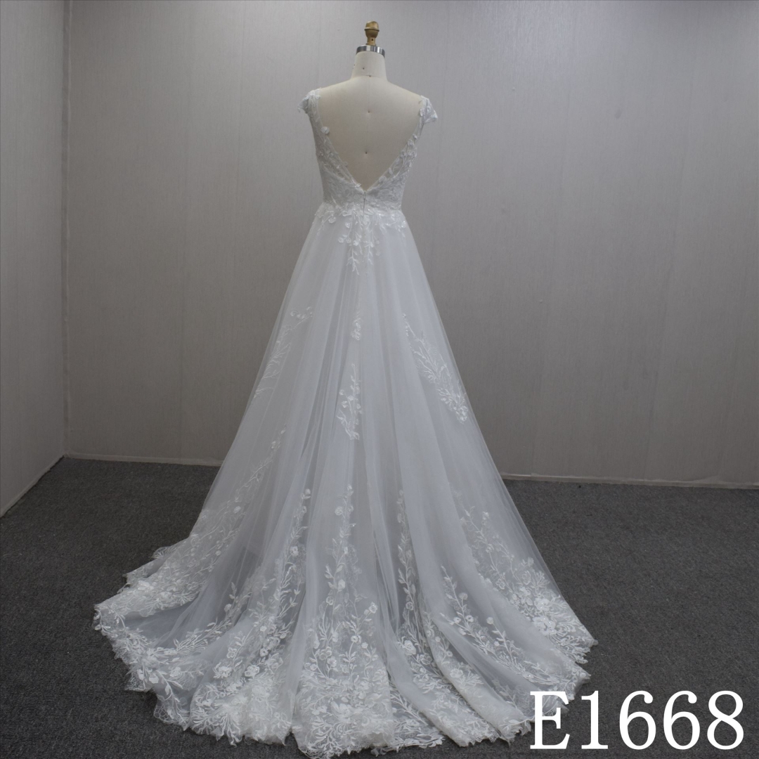 Simple A-line Cape Sleeves V-Neck Lace Flower Backless Hand Made Bridal Dress