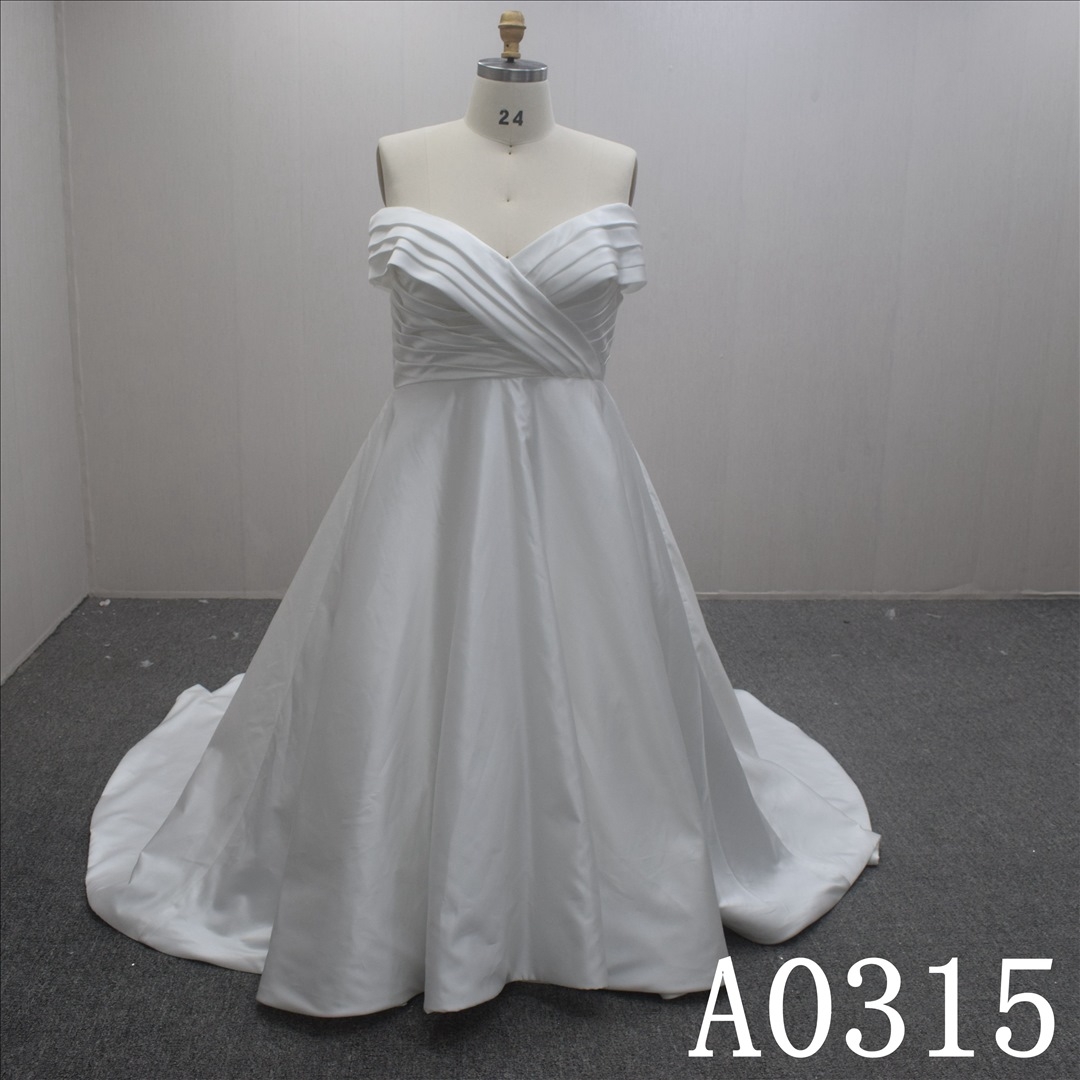 Simple A-line Off-shoulder Boat Neck Satin Hand Made Bridal Dress