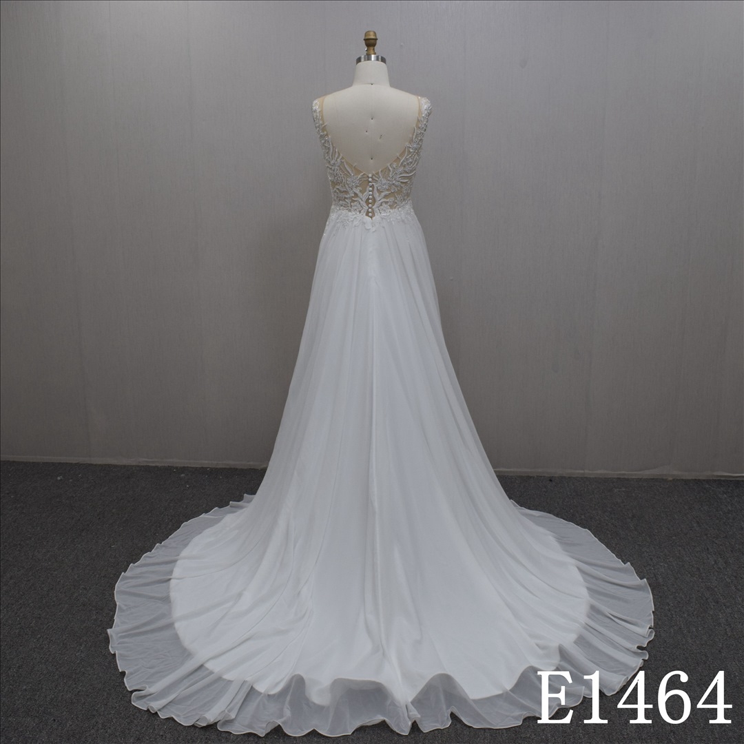 High Quality Summer Illusion Lace Flower A-line Chiffon Hand Made Bridal Dress