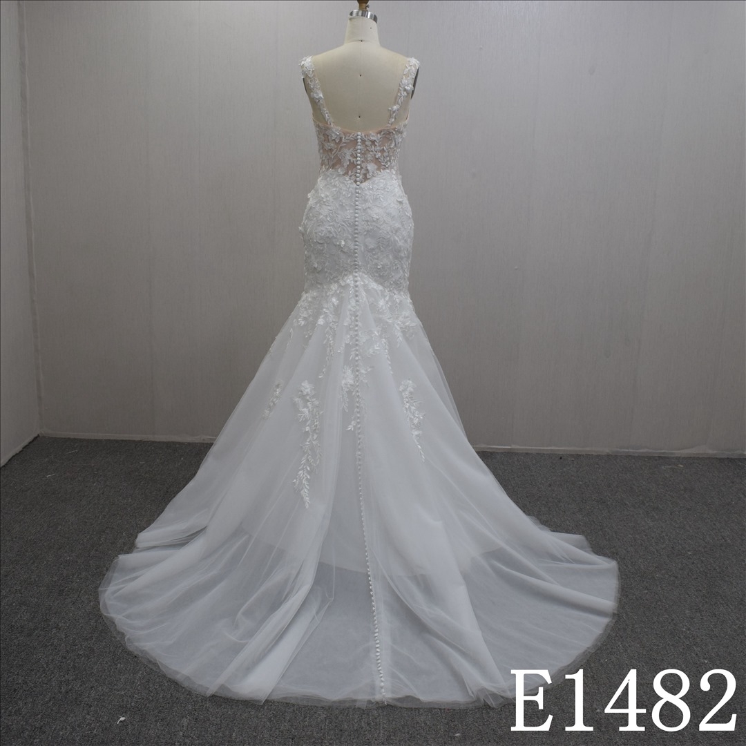 Simple Spaghetti Strap Mermaid  Lace Flower Hand Made Bridal Dress