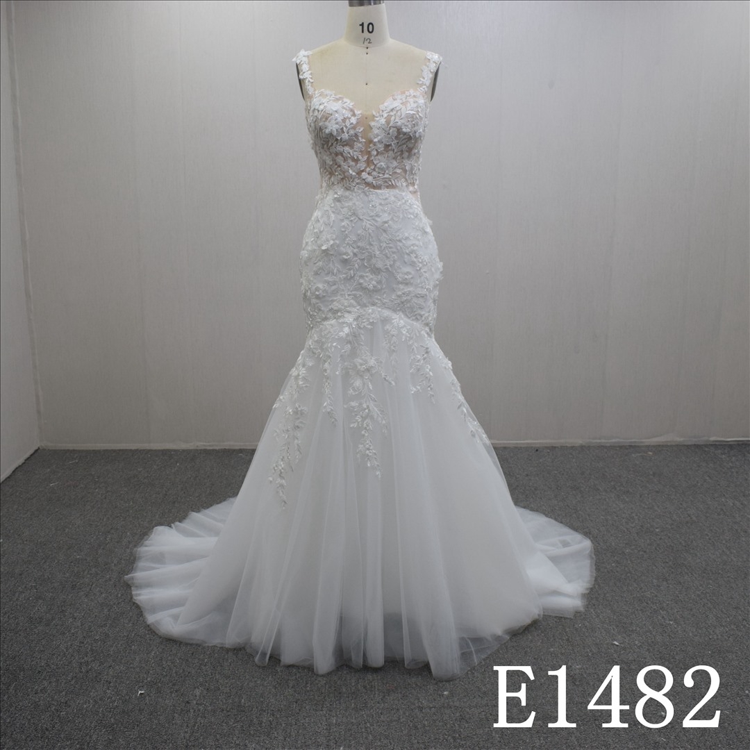 Simple Spaghetti Strap Mermaid  Lace Flower Hand Made Bridal Dress