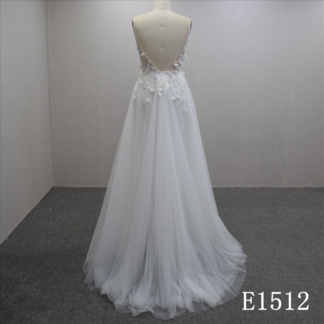 Hot Sell Spaghetti Strap Backless A-line  Lace Flower Hand Made Bridal Dress