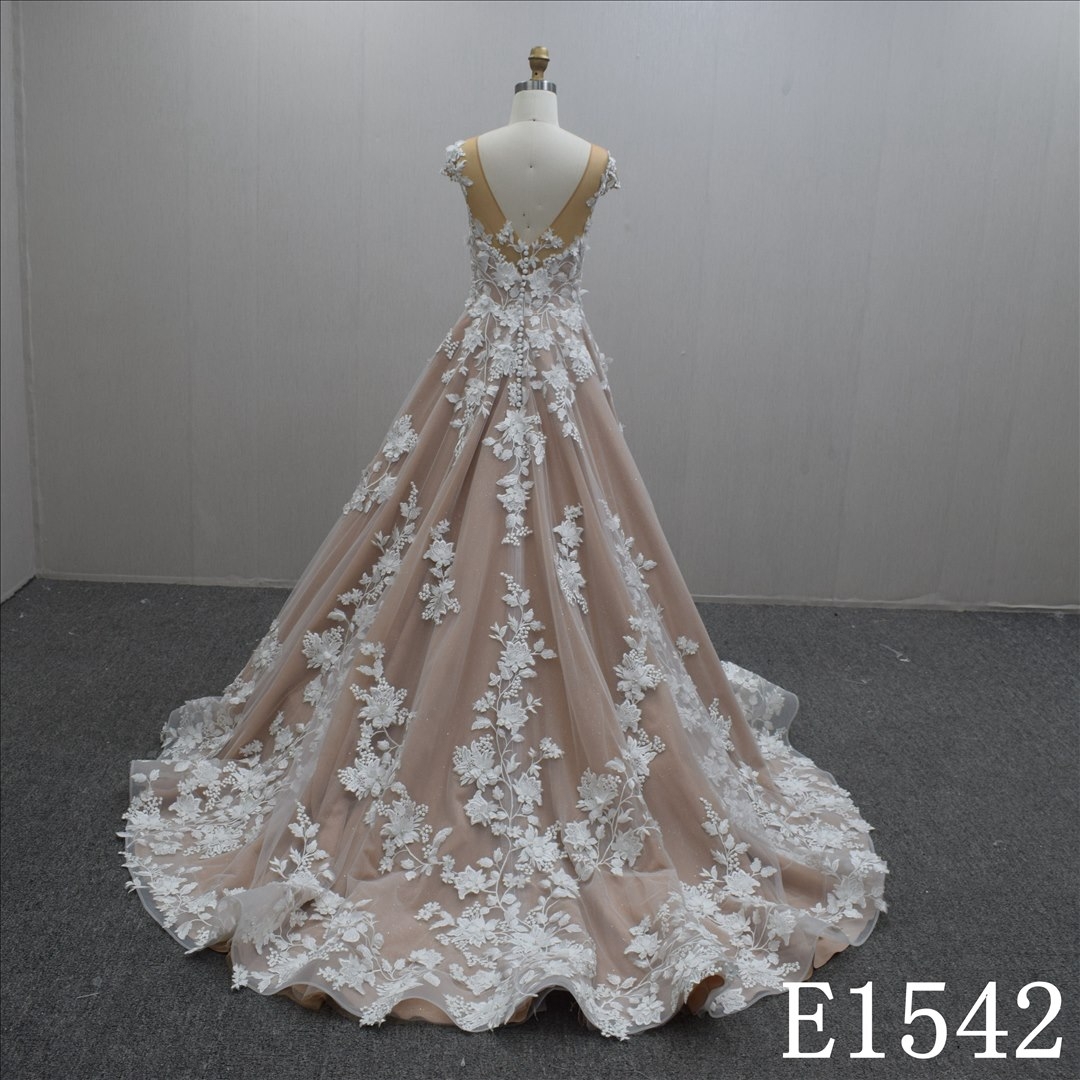 Custom color Illusion Cape Sleeves A-line Hand Made Bridal Dress