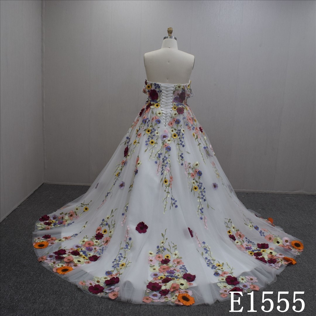 Bohemian Custom Lace Flower Off Shoulder A-line Hand Made Bridal Dress