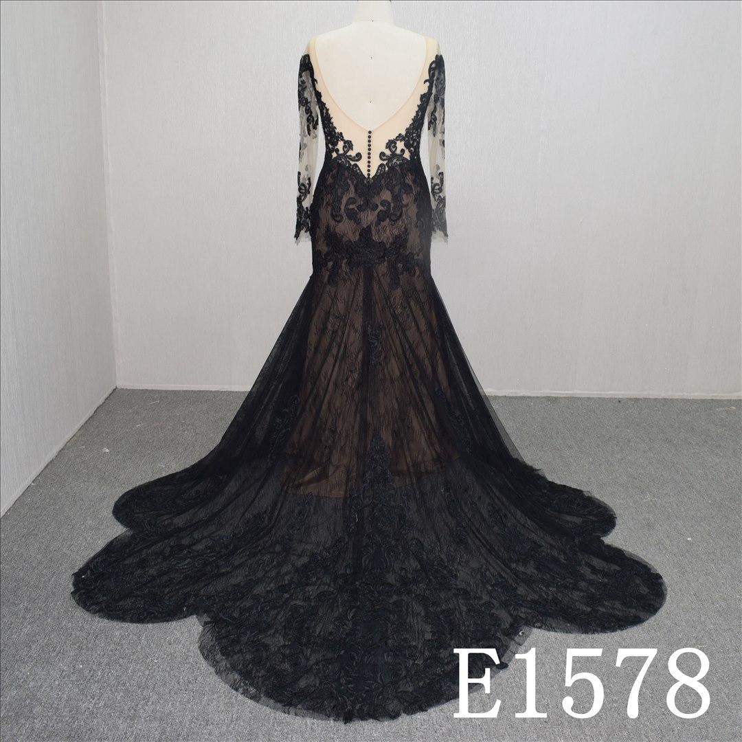 Custom Black Lace Flower Illusion mermaid Hand Made Bridal Dress