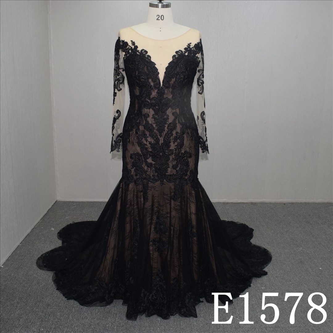 Custom Black Lace Flower Illusion mermaid Hand Made Bridal Dress