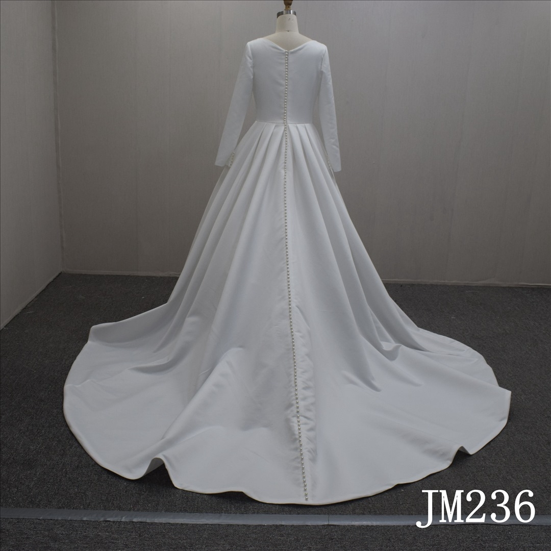 Custom Simple A-line Long Sleeves Satin Hand Made Bridal Dress