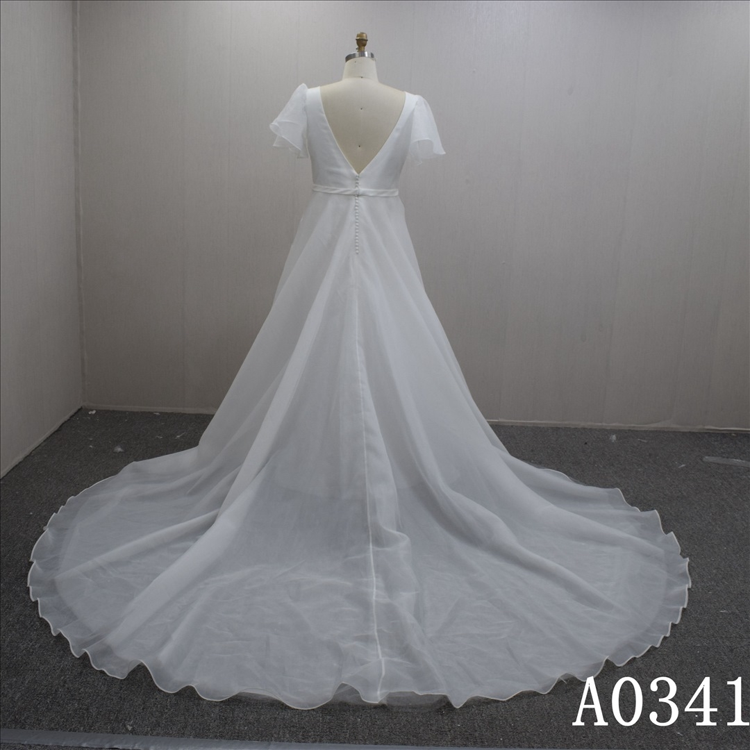 A-line Short sleeves V Neck Backless Tulle Hand Made Bridal Dress