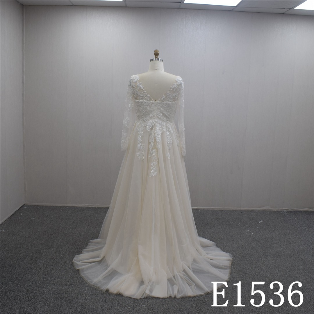 Long Sleeves Lace Flower V Neck A-line Hand Made wedding Dress