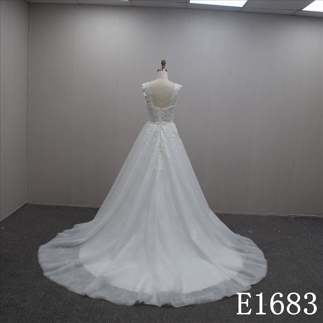 Simple Boat Neck Lace Flower Hand Made wedding Dress