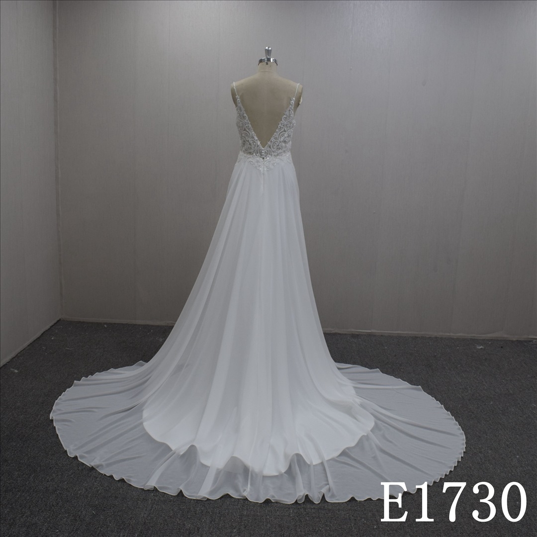 Simple Chiffon Spaghetti Straps V Neck Hand Made wedding Dress