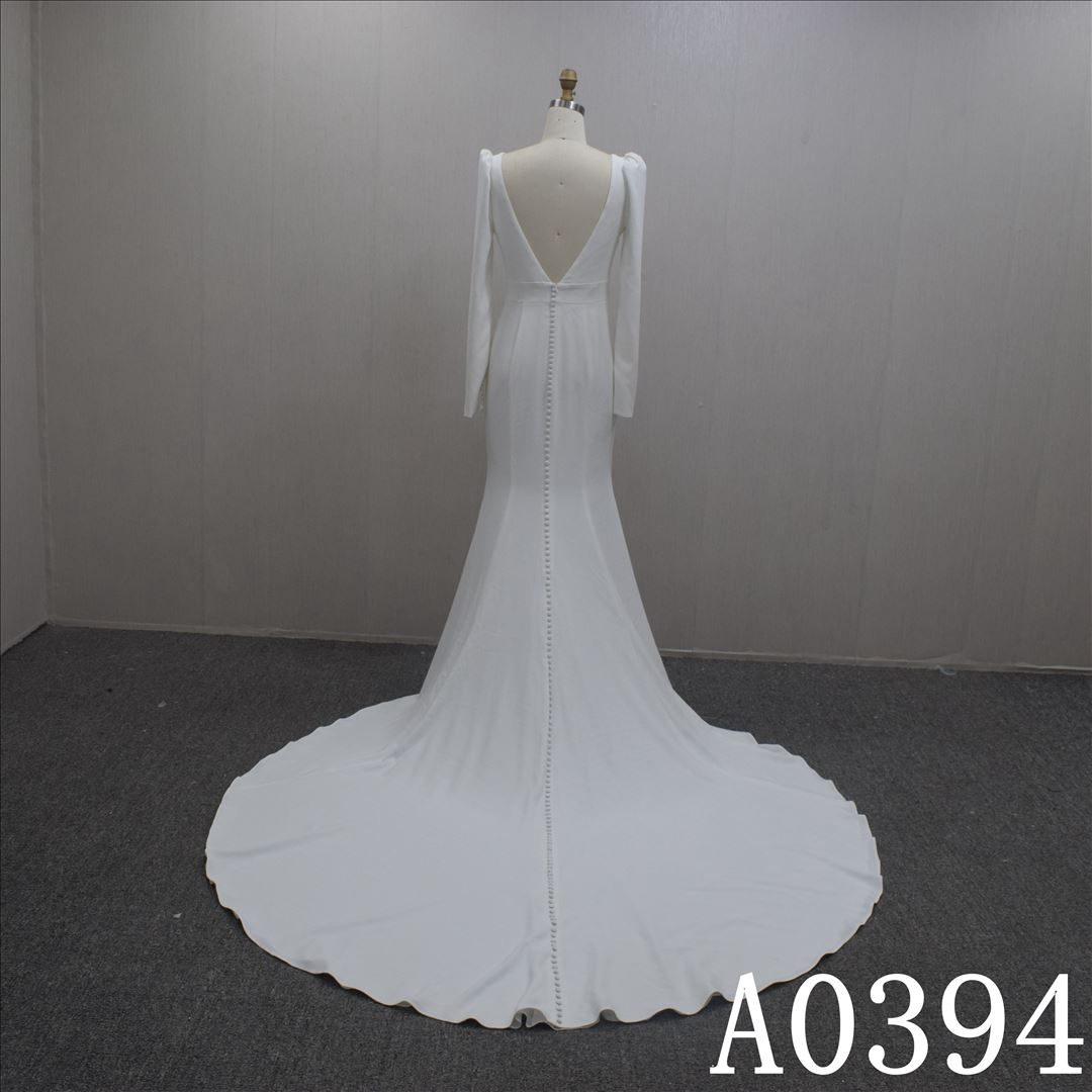 Custom Simple A-line Long Sleeves Satin Hand Made Bridal Dress
