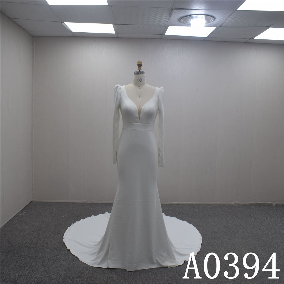 Custom Simple A-line Long Sleeves Satin Hand Made Bridal Dress