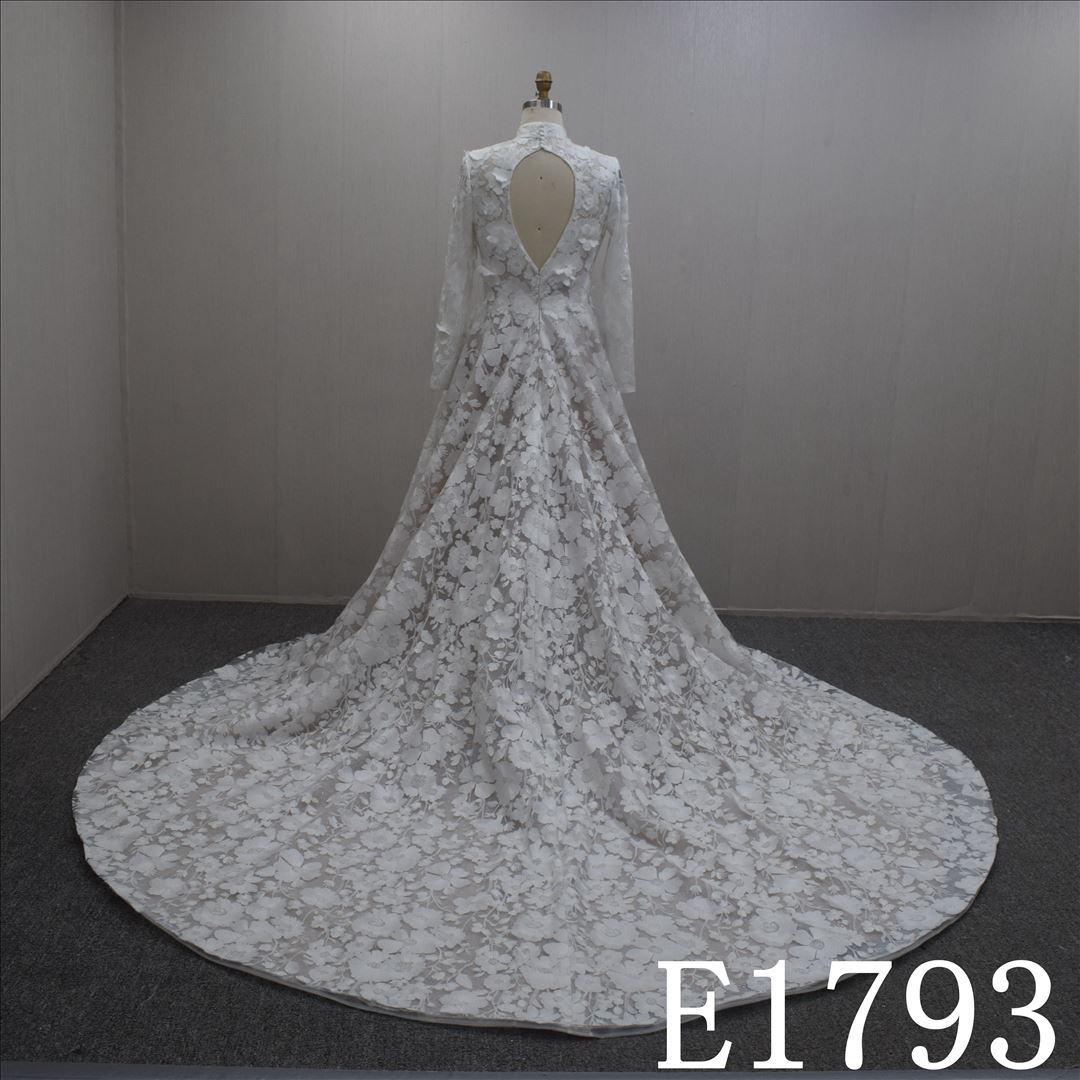 Summer Exquisite High-neck Lace Flower A-line Satin Hand Made Bridal Dress