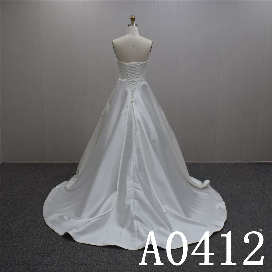 Custom Simple A-line  Straight Neck Satin Hand Made Bridal Dress