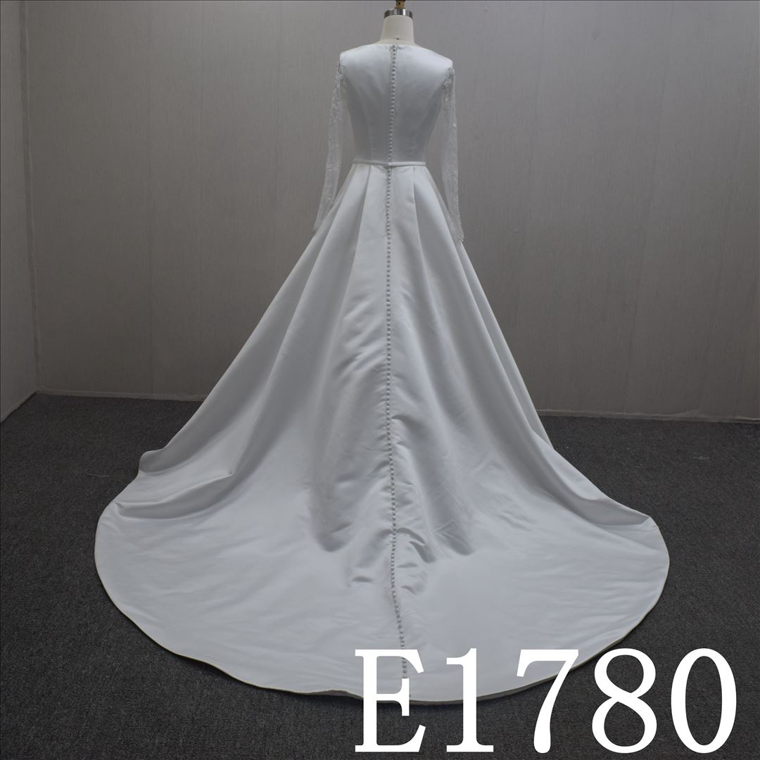 Custom Simple A-line Long Sleeves Satin Hand Made Bridal Dress