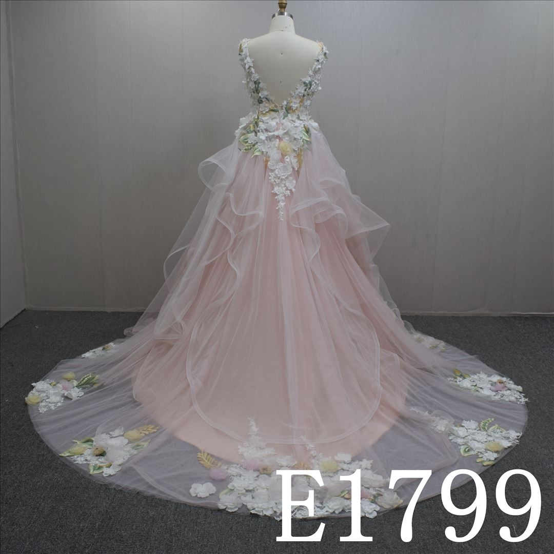 Special Design 3D Flower A-line Tulle Hand Made wedding Dress