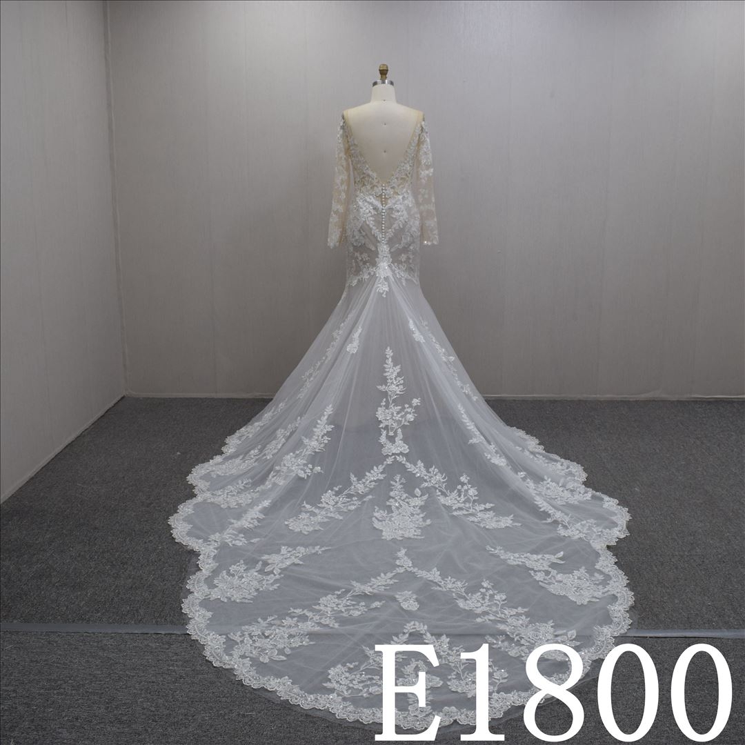 Long Sleeves Lace Flower V Neck A-line Hand Made wedding Dress