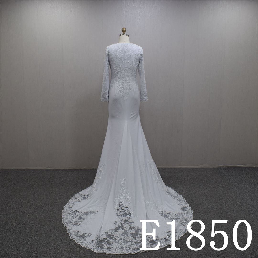 Long Sleeves Lace Flower Bateau A-line Hand Made wedding Dress