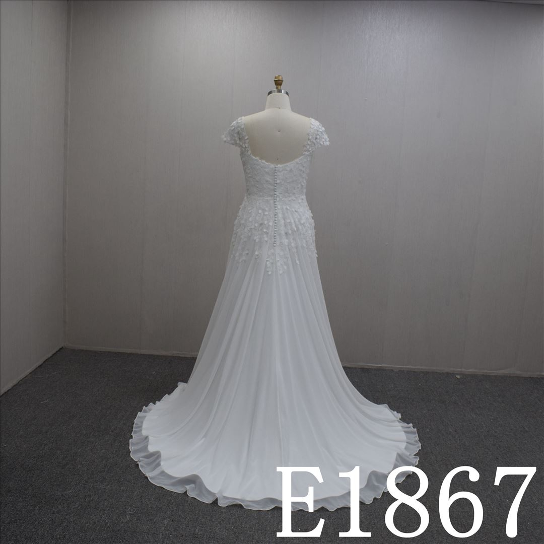 V-neckline Bridal dress with Short Sleeves and Sweep Train