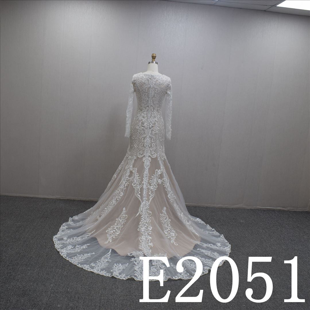 Long Sleeves Lace Flower Jewel Mermaid Hand Made wedding Dress