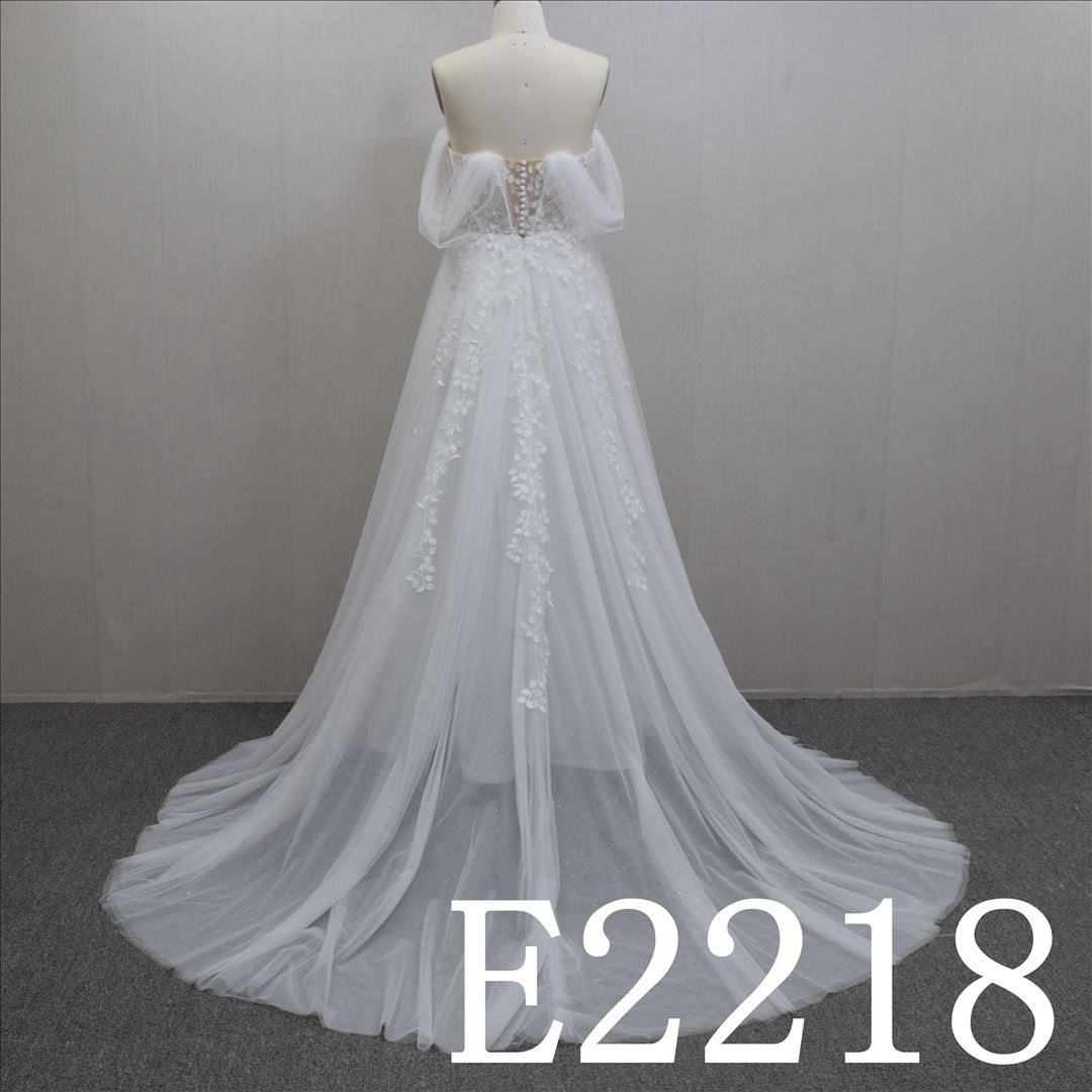 Sexy Off Shoulder Lace Flower Ball Gown Tulle Hand Made Bridal Dress