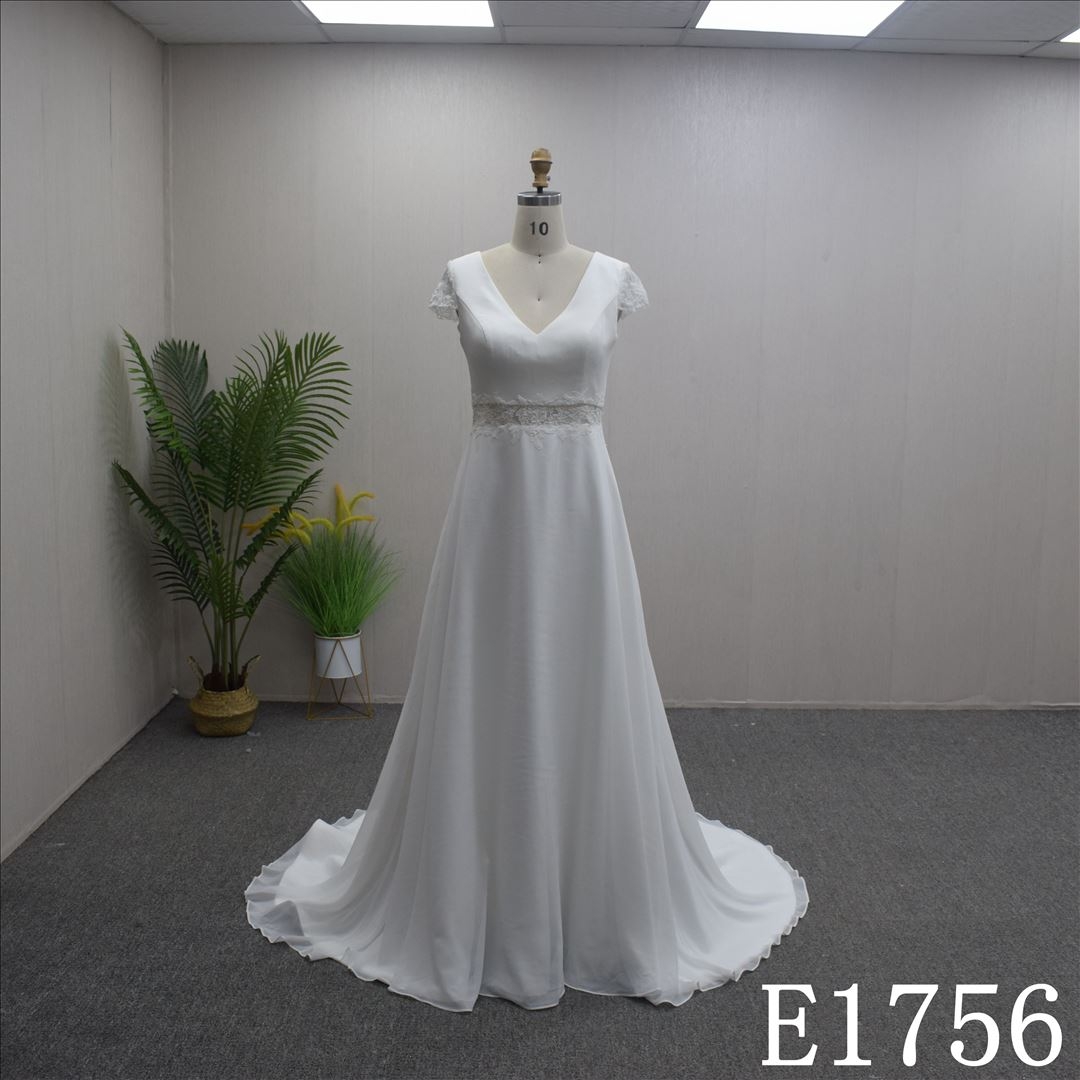 Simple Satin Bridal Gown with Short sleeves and Sweep Train New Design